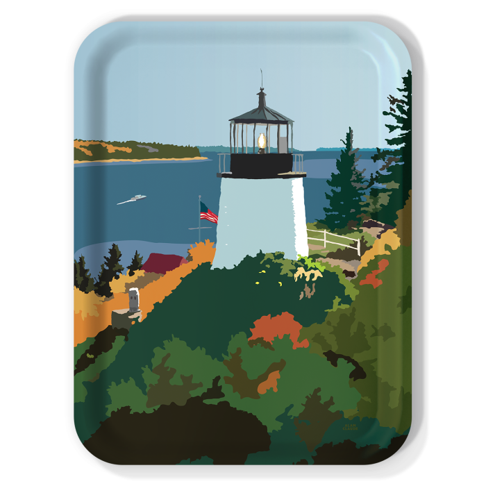 Above Owls Head Lighthouse Maine birchwood decorative serving tray large 16.5x12.5 inch by Alan Claude - Trays4Us