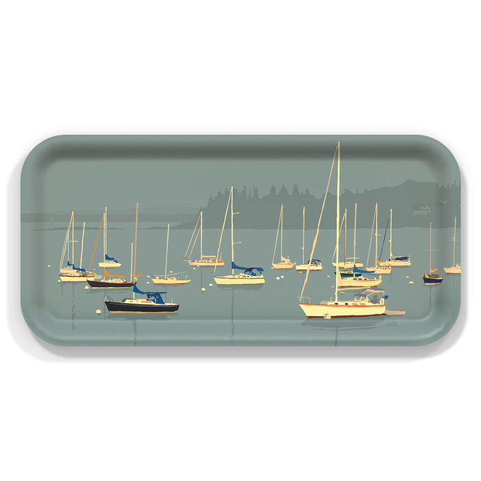 Sailboats in Rockland Harbor birchwood decorative serving tray Small 11x5 inch by Alan Claude - Trays4Us