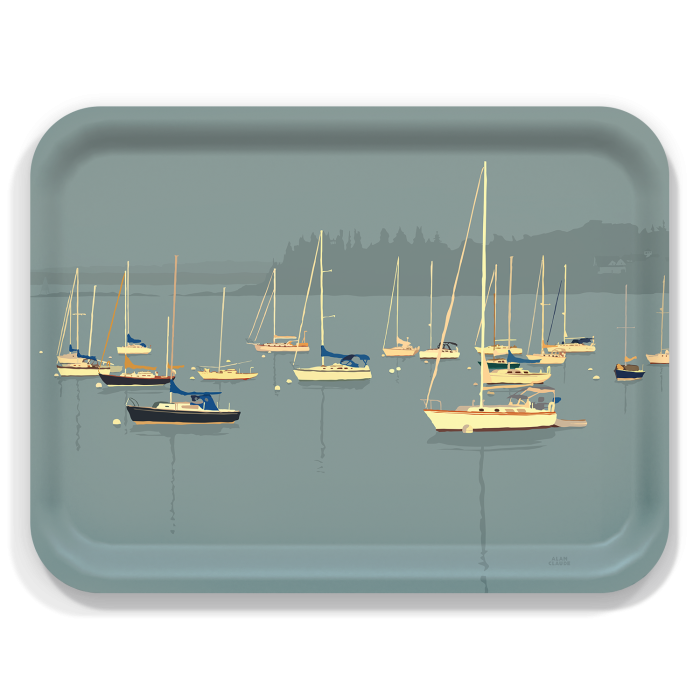 Sailboats In Rockland Harbor birchwood decorative serving tray large 16.5x12.5 inch by Alan Claude - Trays4Us