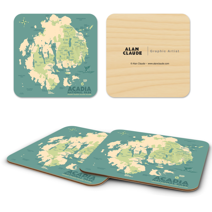 Acadia Map ME birchwood 4x4 inch decorative coaster set by Alan Claude - Trays4Us