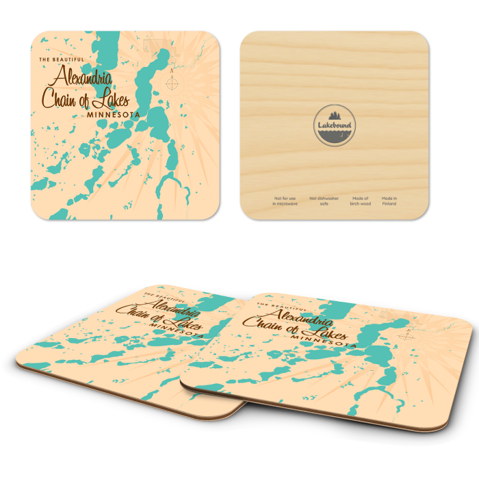 Alexandria Chain of Lakes MN birchwood 4x4 inch decorative coaster set by Lakebound - Trays4Us