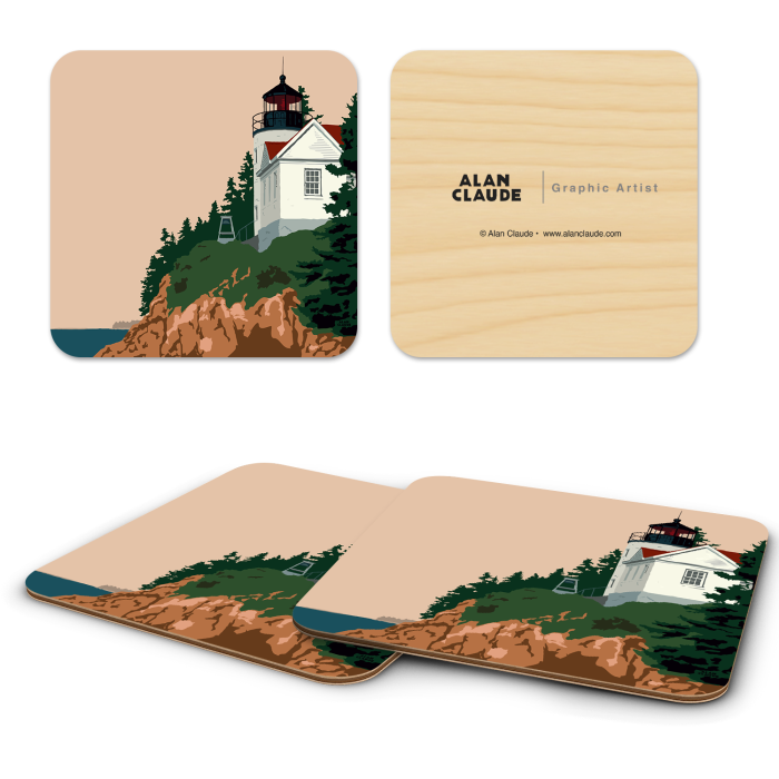Bass Harbor ME birchwood 4x4 inch decorative coaster set by Alan Claude - Trays4Us