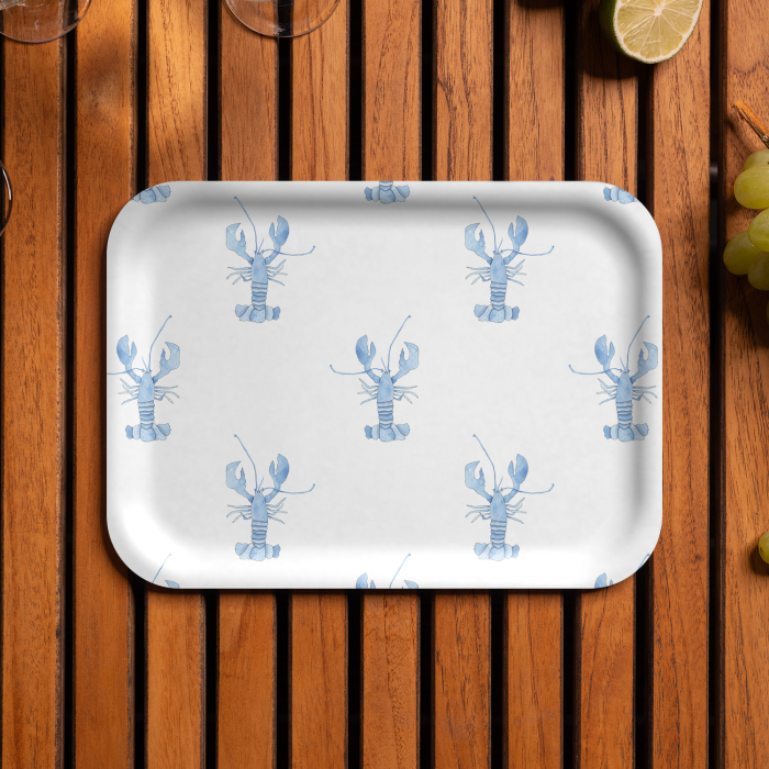 Blue Lobster birchwood decorative serving tray medium 11x8 inch by Sara Fitz - Trays4Us