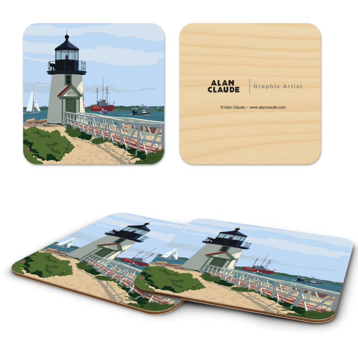Brant Point MA birchwood 4x4 inch decorative coaster set by Alan Claude - Trays4Us