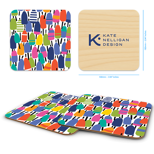 Fish Buoys birchwood 4x4 inch decorative coaster set by Kate Nelligan - Trays4Us