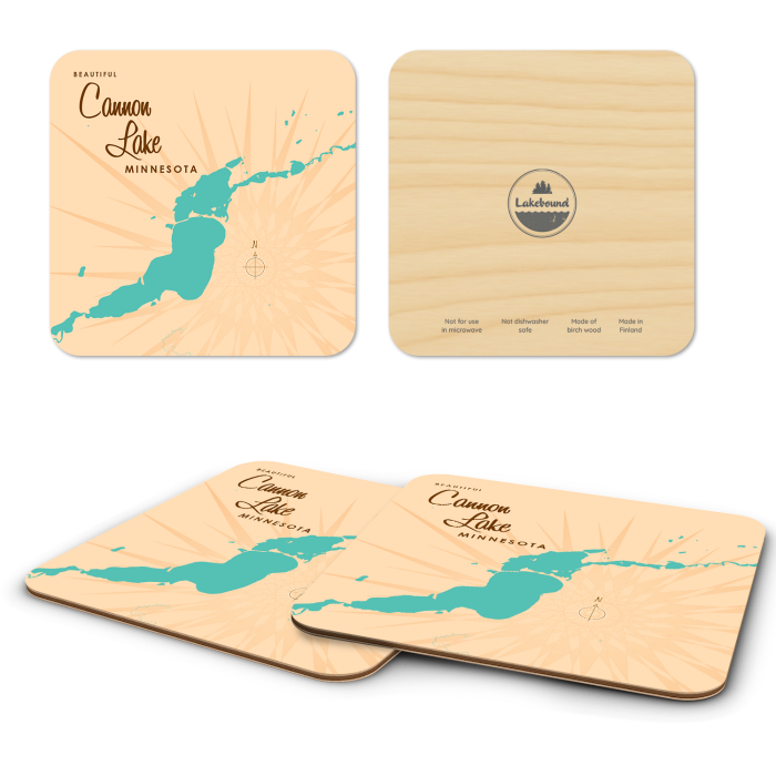 Cannon Lake MN birchwood 4x4 inch decorative coaster set by Lakebound - Trays4Us