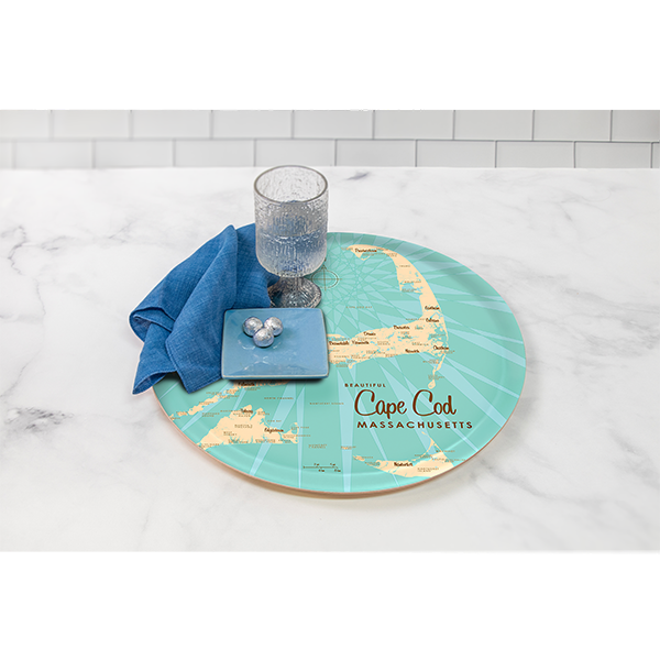 Cape Cod MA birchwood decorative serving tray round 15.7 inch by Lakebound - Trays4Us