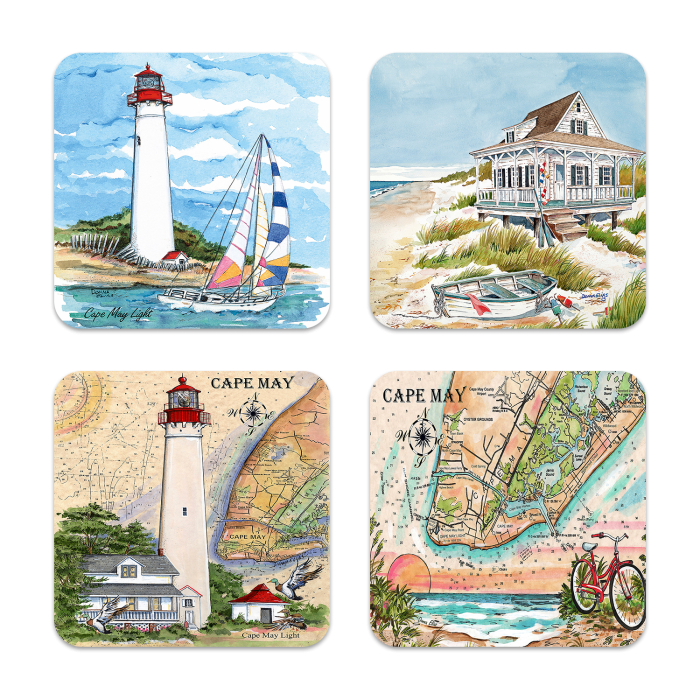 Cape May NJ Coaster Set birchwood 4x4 inch decorative coaster set by Donna Elias - Trays4Us