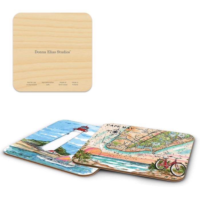 Cape May NJ Coaster Set birchwood 4x4 inch decorative coaster set by Donna Elias - Trays4Us