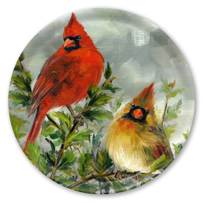 Cardinal Pair birchwood decorative serving tray round 15.7 inch by Alyssa Watters - Trays4Us