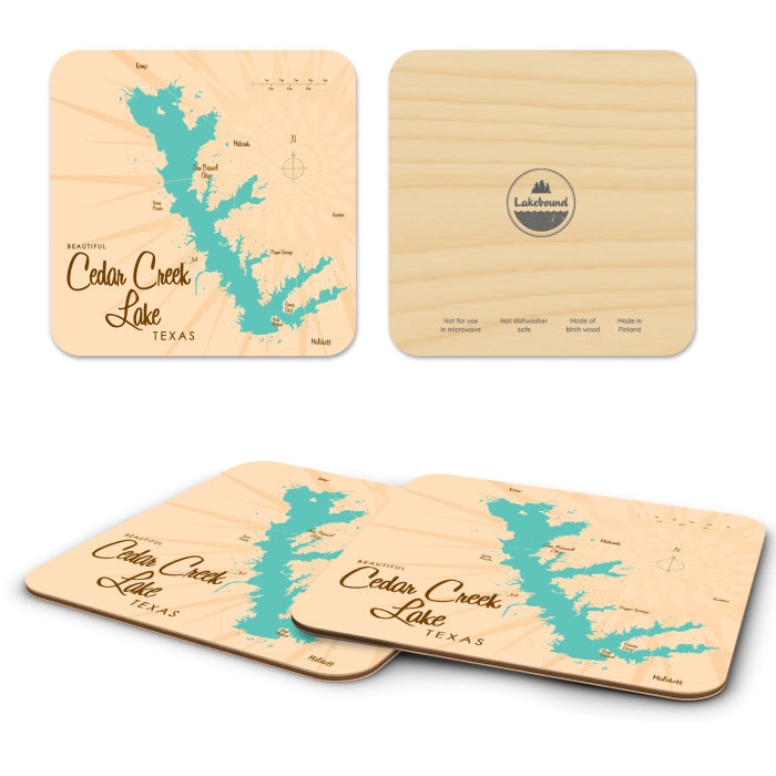 Cedar Creek Lake TX birchwood 4x4 inch decorative coaster set by Lakebound - Trays4Us