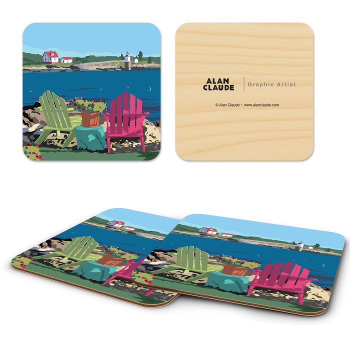 Chairs Overlooking Ram ME birchwood 4x4 inch decorative coaster set by Alan Claude - Trays4Us