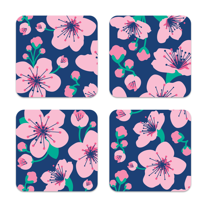 Cherry Blossoms birchwood 4x4 inch decorative coaster set by Ale Rodriguez-Gitler - Trays4Us