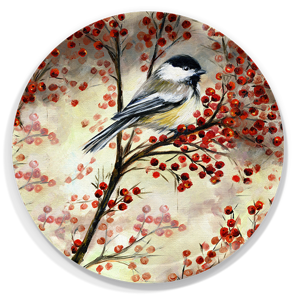 Chickadee birchwood decorative serving tray round 15.7 inch by Alyssa Watters - Trays4Us