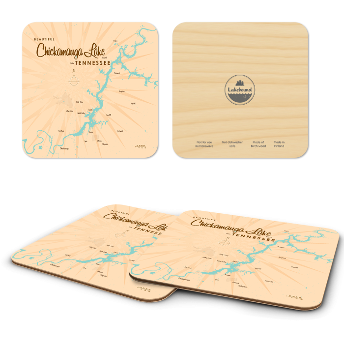 Chickamauga Lake TN birchwood 4x4 inch decorative coaster set by Lakebound - Trays4Us