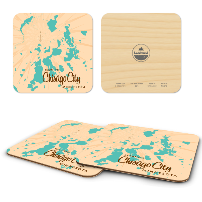 Chisago Lake MN birchwood 4x4 inch decorative coaster set by Lakebound - Trays4Us