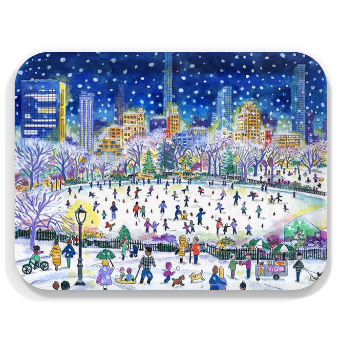 Christmas Skating at Nighttime birchwood decorative serving tray large 16.5x12.5 inch by Michael Storrings - Trays4Us