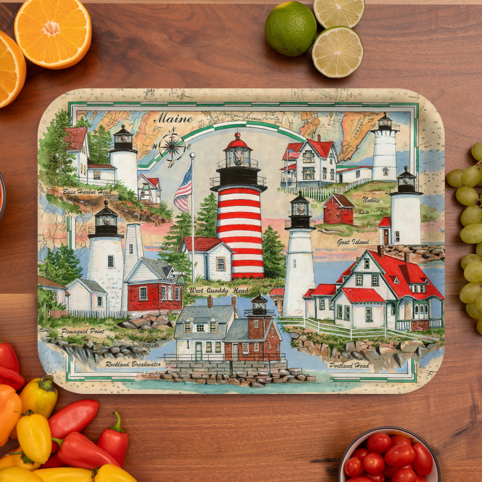 Coastal Maine Sea Chart LightCollage birchwood decorative serving tray large 16.5x12.5 inch by Donna Elias - Trays4Us
