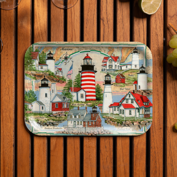 Coastal Maine Sea Chart LightCollage birchwood decorative serving tray medium 11x8 inch by Donna Elias - Trays4Us