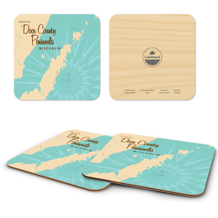 Door County Peninsula WI birchwood 4x4 inch decorative coaster set by Lakebound - Trays4Us