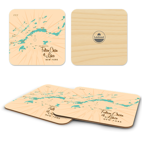 Fulton Chain of Lakes NY birchwood 4x4 inch decorative coaster set by Lakebound - Trays4Us