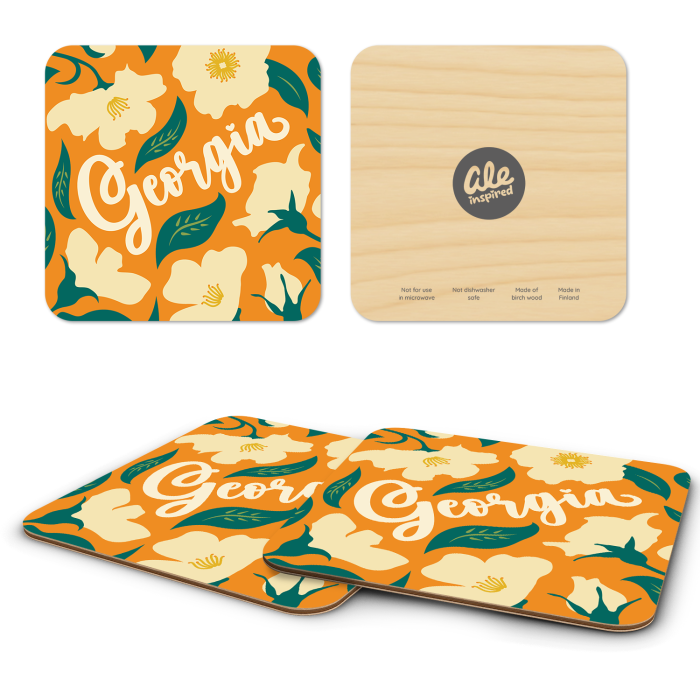 Georgia Cherokee Roses birchwood 4x4 inch decorative coaster set by Ale Rodriguez-Gitler - Trays4Us