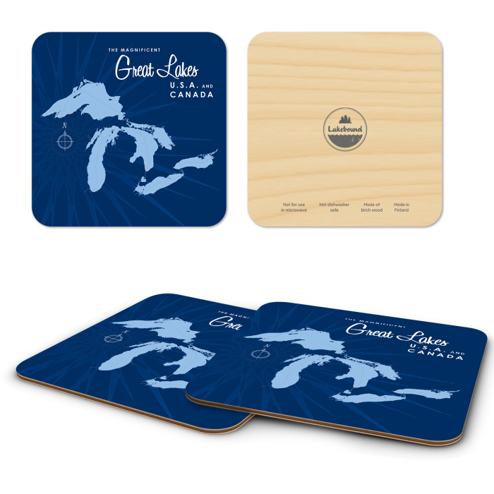 Great Lakes - Navy birchwood 4x4 inch decorative coaster set by Lakebound - Trays4Us