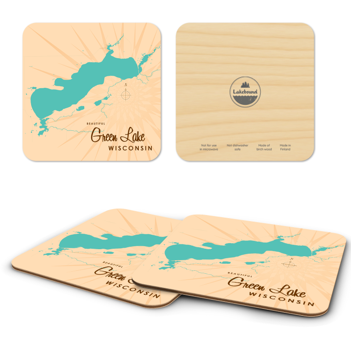 Green Lake WI birchwood 4x4 inch decorative coaster set by Lakebound - Trays4Us