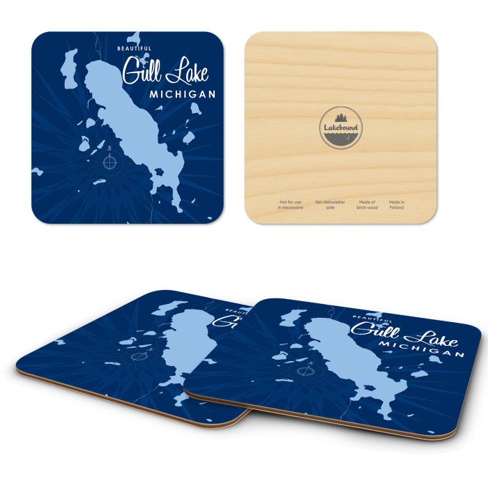 Gull Lake MI Navy birchwood 4x4 inch decorative coaster set by Lakebound - Trays4Us