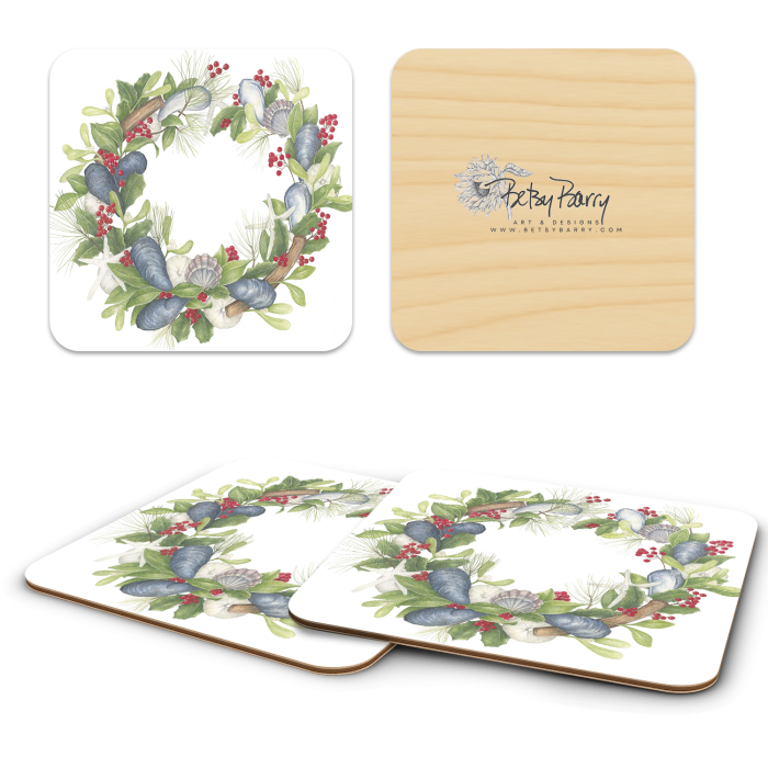 Holiday Sea Wreath birchwood 4x4 inch decorative coaster set by Betsy Barry - Trays4Us