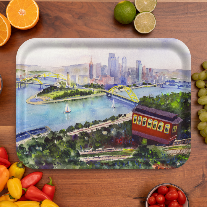 Incline to Pittsburgh birchwood decorative serving tray large 16.5x12.5 inch by Clement DaVinci - Trays4Us