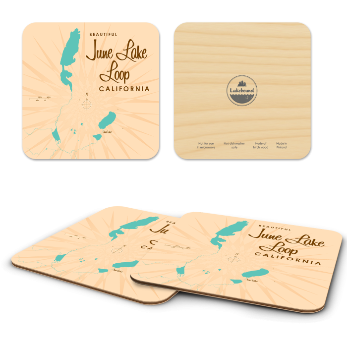 June Lake Loop CA birchwood 4x4 inch decorative coaster set by Lakebound - Trays4Us