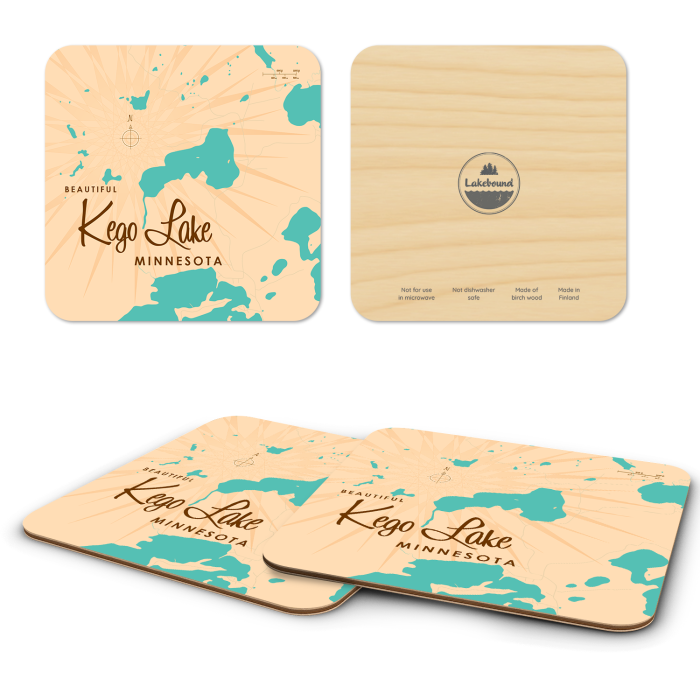 Kego Lake MN birchwood 4x4 inch decorative coaster set by Lakebound - Trays4Us