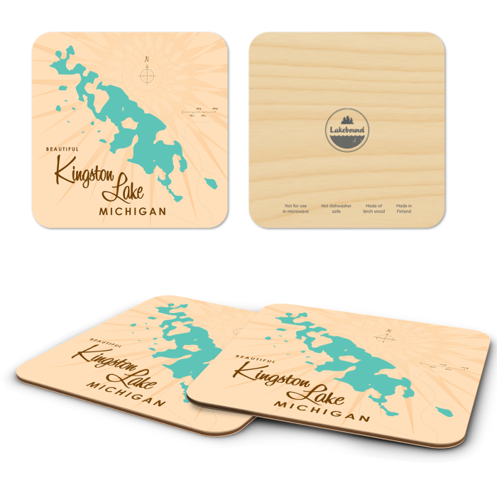 Kingston Lake MI birchwood 4x4 inch decorative coaster set by Lakebound - Trays4Us