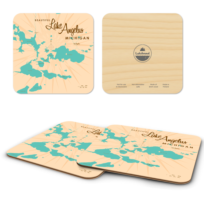 Lake Angelus MI birchwood 4x4 inch decorative coaster set by Lakebound - Trays4Us