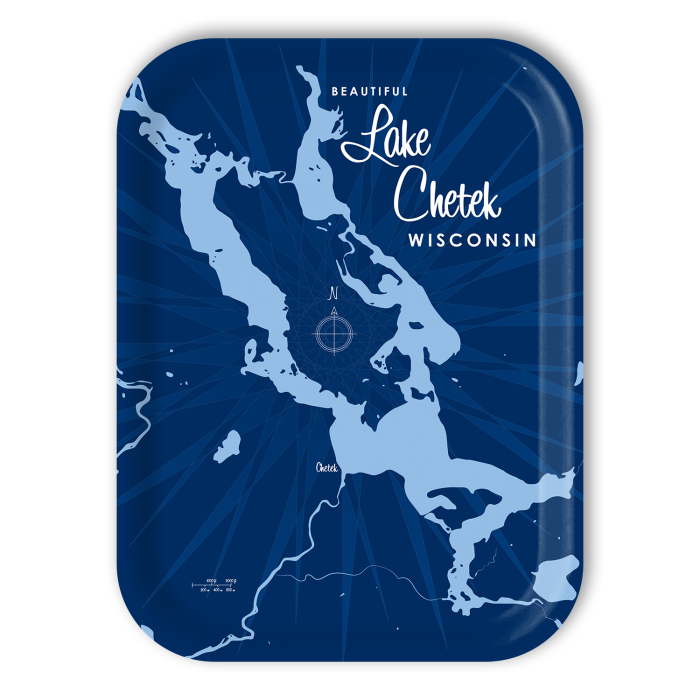 Lake Chetek WI - navy birchwood decorative serving tray medium 11x8 inch by Lakebound - Trays4Us
