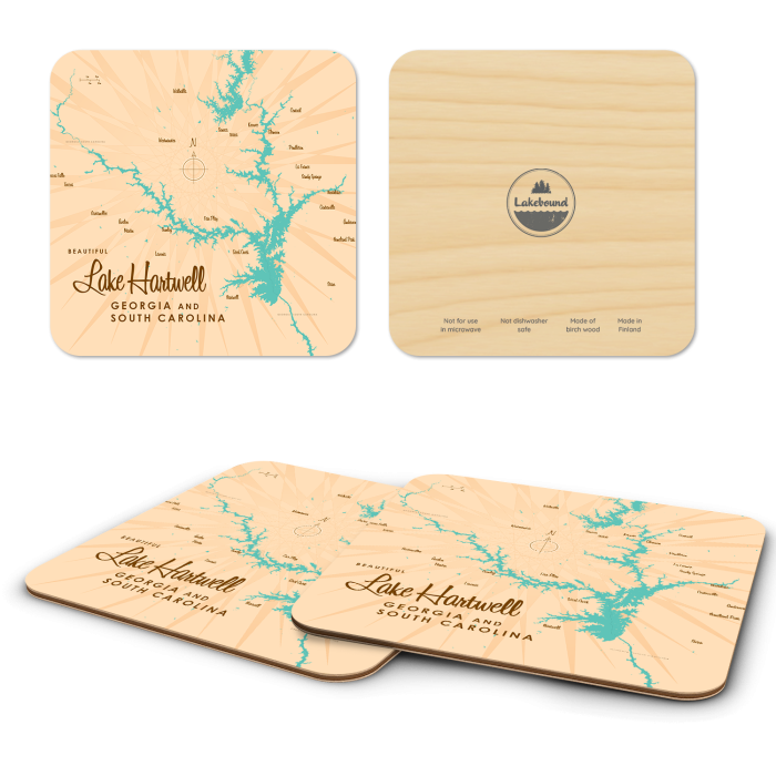 Lake Hartwell SC GA birchwood 4x4 inch decorative coaster set by Lakebound - Trays4Us