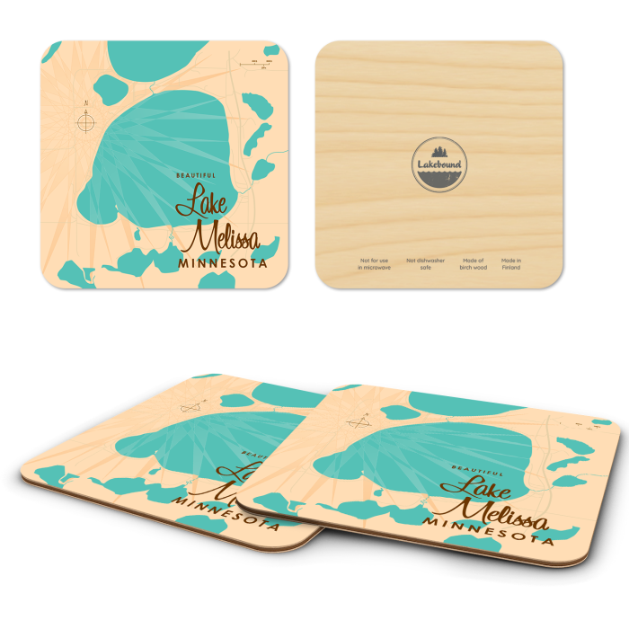 Lake Melissa MN birchwood 4x4 inch decorative coaster set by Lakebound - Trays4Us