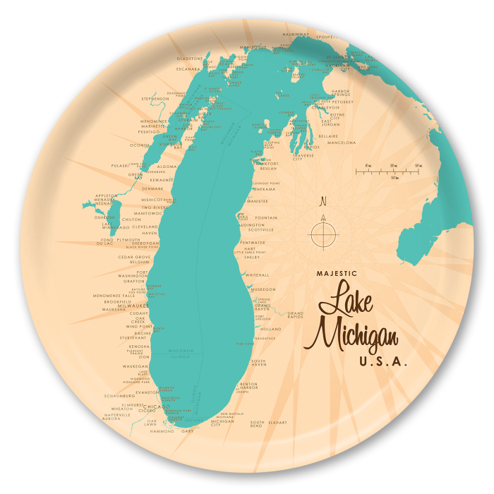 Lake Michigan MI birchwood decorative serving tray round 15.7 inch by Lakebound - Trays4Us