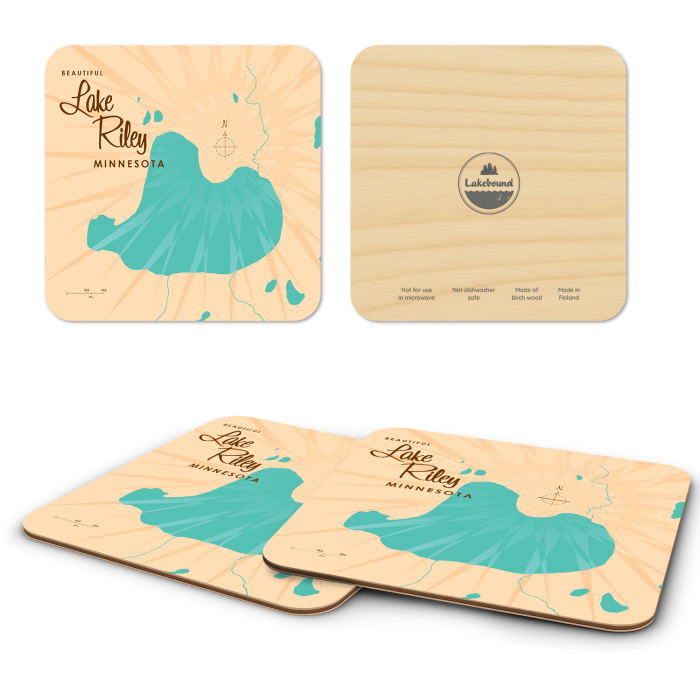 Lake Riley MN birchwood 4x4 inch decorative coaster set by Lakebound - Trays4Us