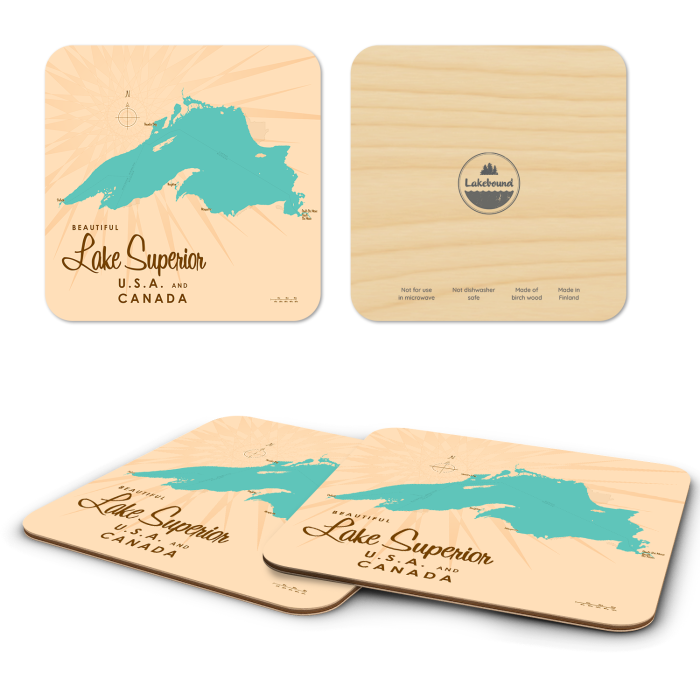 Lake Superior MI birchwood 4x4 inch decorative coaster set by Lakebound - Trays4Us