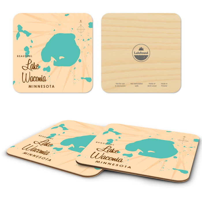 Lake Waconia MN birchwood 4x4 inch decorative coaster set by Lakebound - Trays4Us