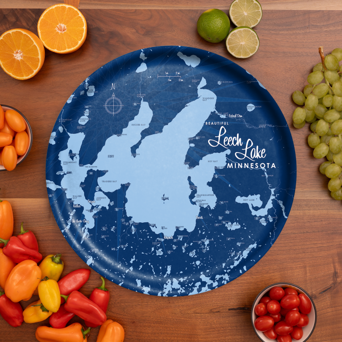 Leech Lake MN Navy birchwood decorative serving tray round 15.7 inch by Lakebound - Trays4Us
