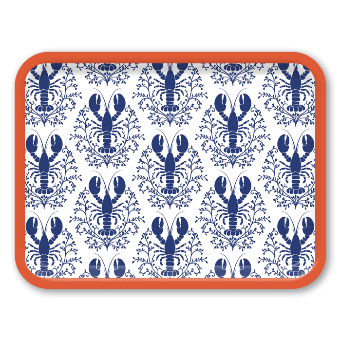 Lobster Damask Pattern - Blue birchwood decorative serving tray large 16.5x12.5 inch by Kate Nelligan - Trays4Us
