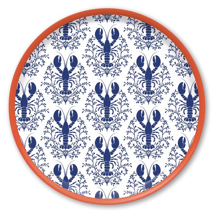 Lobster Damask Pattern - Blue birchwood decorative serving tray round 15.7 inch by Kate Nelligan - Trays4Us