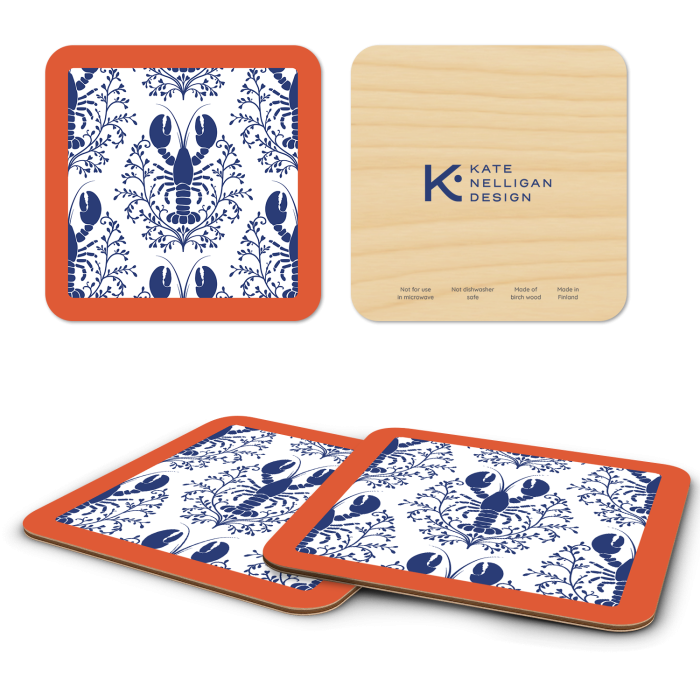 Lobster Damask Pattern - Blue birchwood 4x4 inch decorative coaster set by Kate Nelligan - Trays4Us
