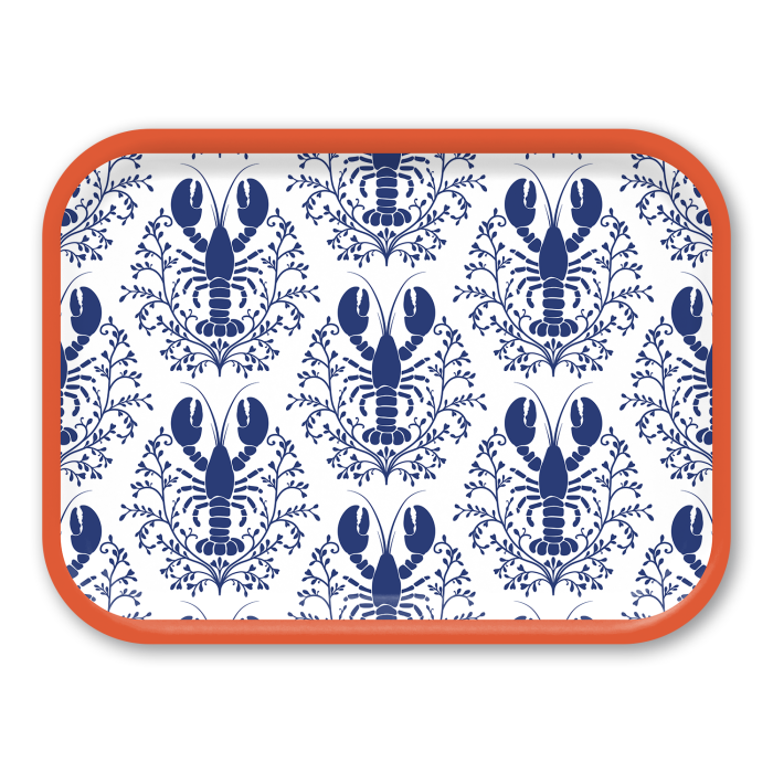 Lobster Damask Pattern - Blue birchwood decorative serving tray medium 11x8 inch by Kate Nelligan - Trays4Us