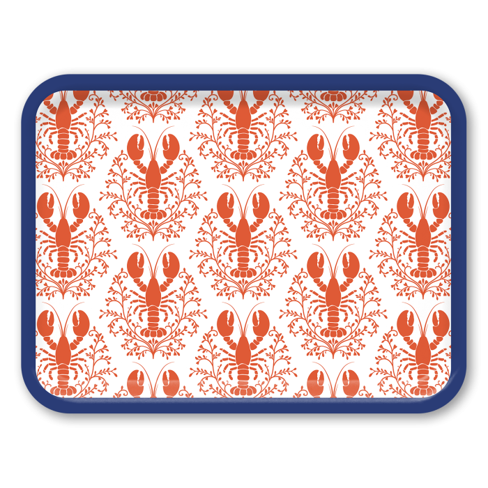Lobster Damask Pattern - Red birchwood decorative serving tray large 16.5x12.5 inch by Kate Nelligan - Trays4Us