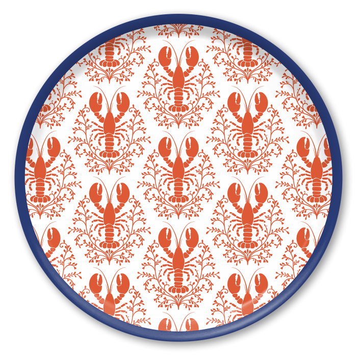 Lobster Damask Pattern - Red birchwood decorative serving tray round 15.7 inch by Kate Nelligan - Trays4Us