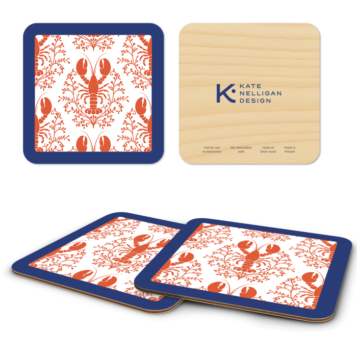 Lobster Damask Pattern - Red birchwood 4x4 inch decorative coaster set by Kate Nelligan - Trays4Us
